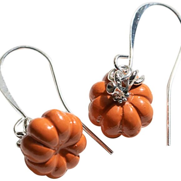 Designed By Stacey Handmade Orange Pumpkin Earrings, Silver Plated Ear Wire Dang - Picture 1 of 6